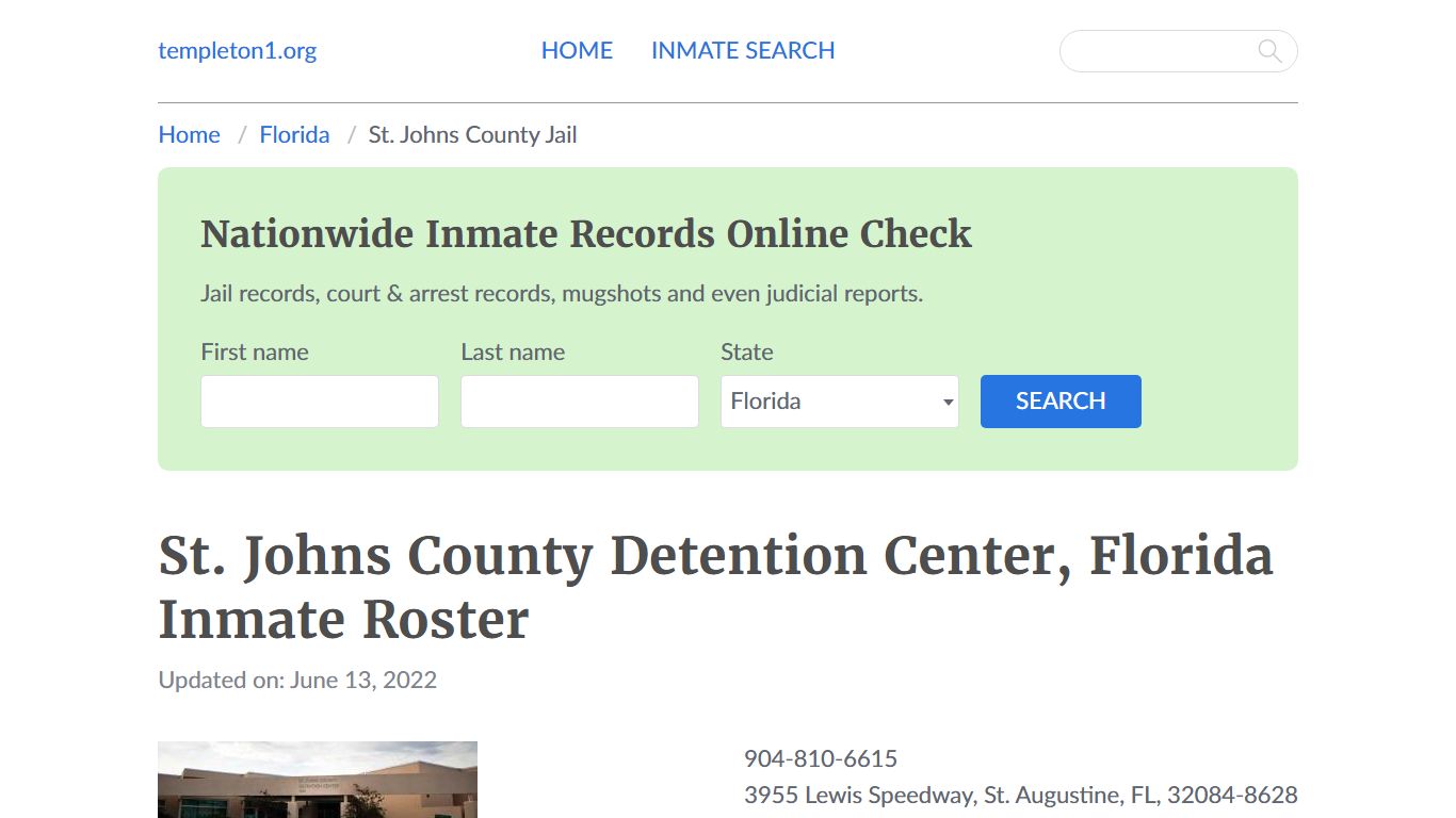 St. Johns County Detention Center, Florida Inmate Booking